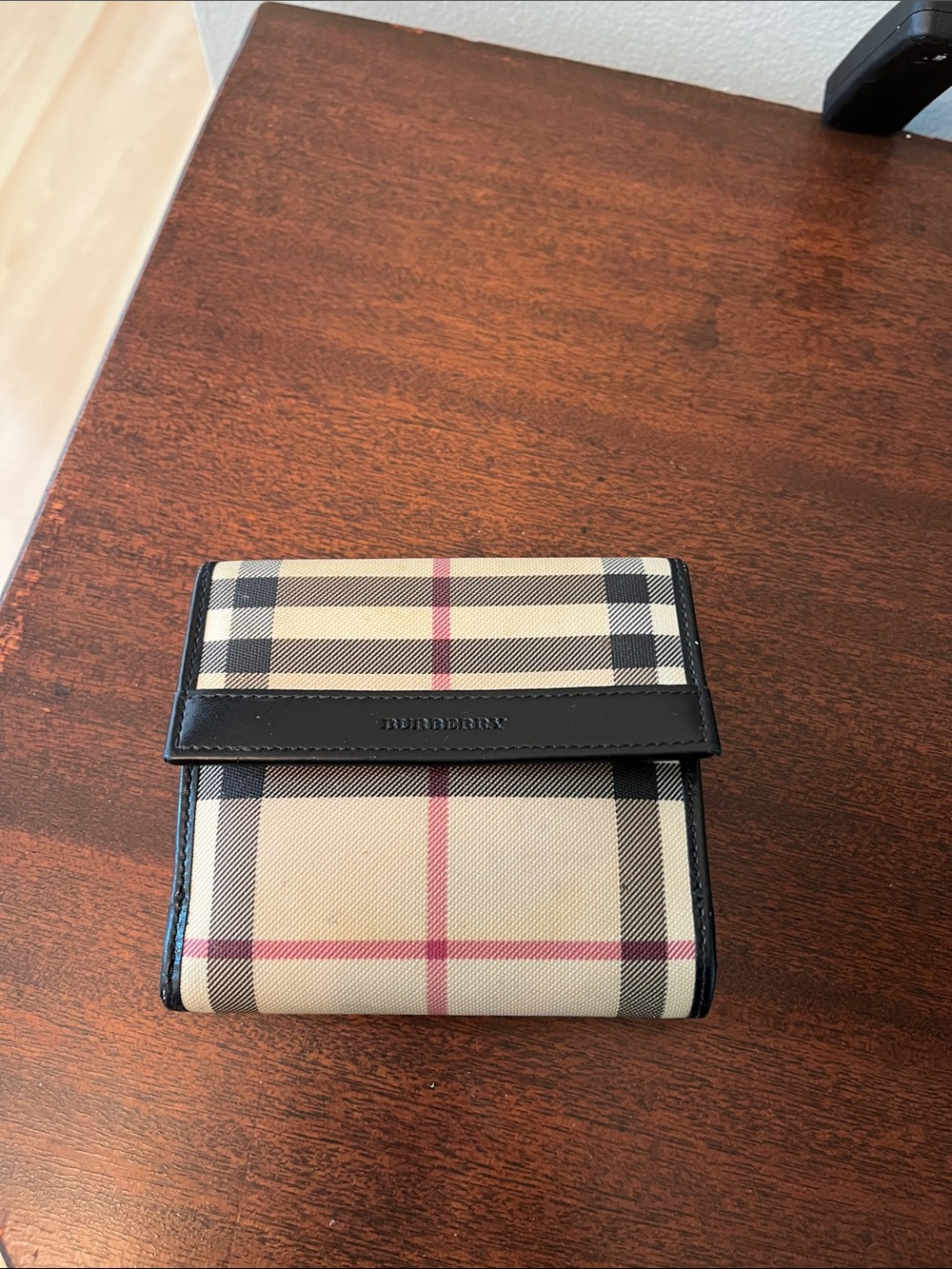 Authentic Burberry Check Wallet with Black Trim and Red Accent